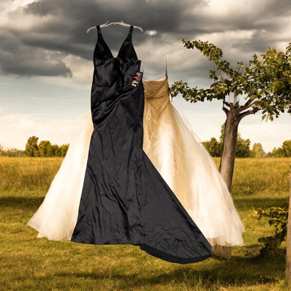Atria Clothing Black Satin Mermaid Maxi Gown Dress Women’s Size L‎ NWT